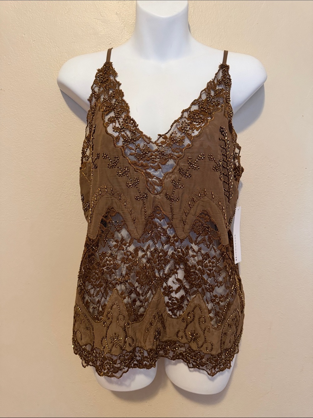Beaded Lace V-Neck Camisole Tank Top - Brown